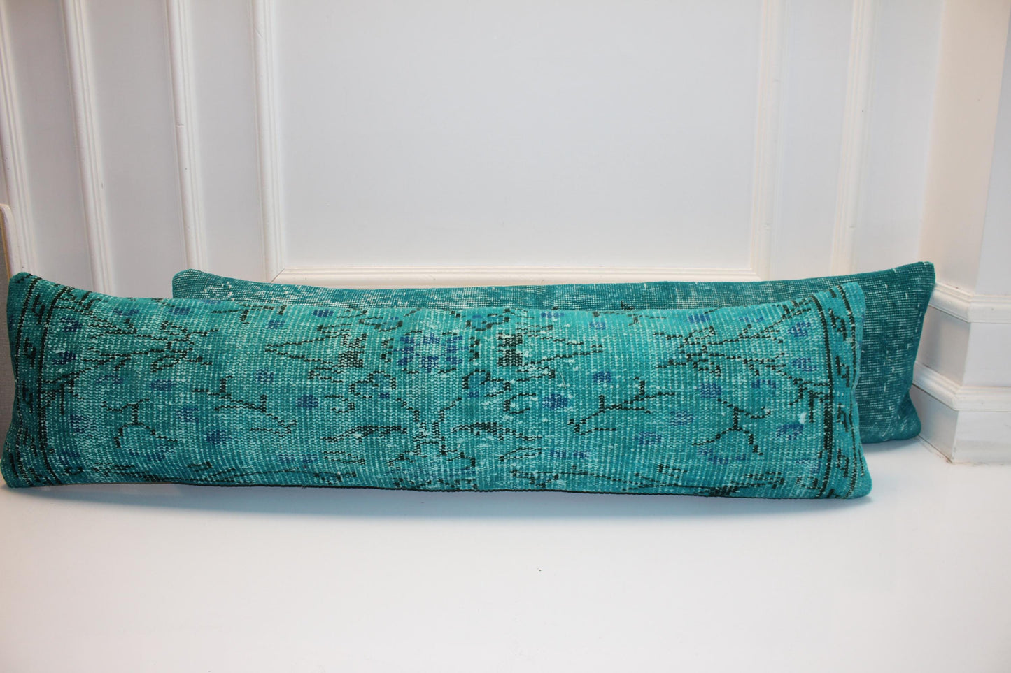 Aqua Horizon Bench Pillow Set 12x48, Coastal Blue Vintage Textile Duo