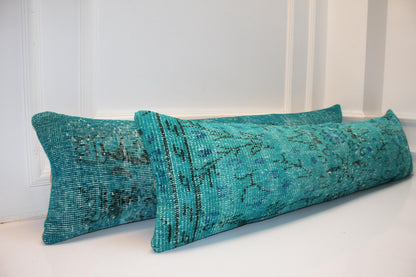 Aqua Horizon Bench Pillow Set 12x48, Coastal Blue Vintage Textile Duo