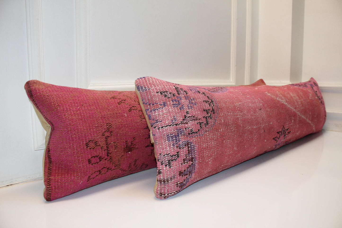 Blush Pop Bench Pillow Set 12x48, Pink Vintage Textile Duo, Extra Long Lumbar Cushions