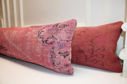 Blush Pop Bench Pillow Set 12x48, Pink Vintage Textile Duo, Extra Long Lumbar Cushions