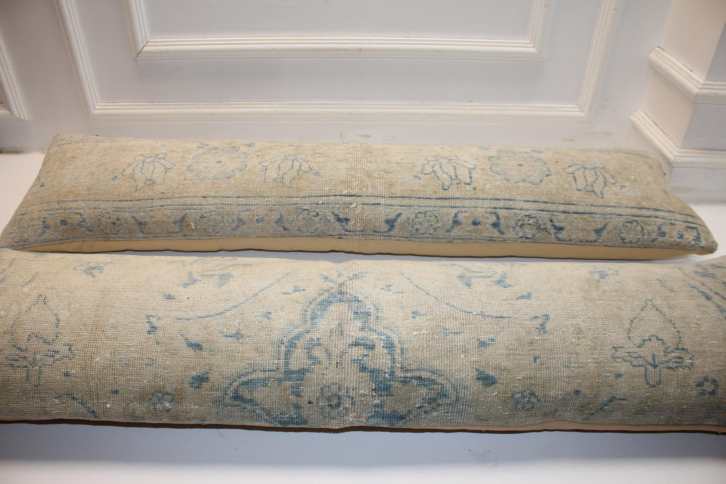 Seaside Calm Bench Pillow Set 12x48, Soft Sand & Ocean Blue Vintage Textile Duo