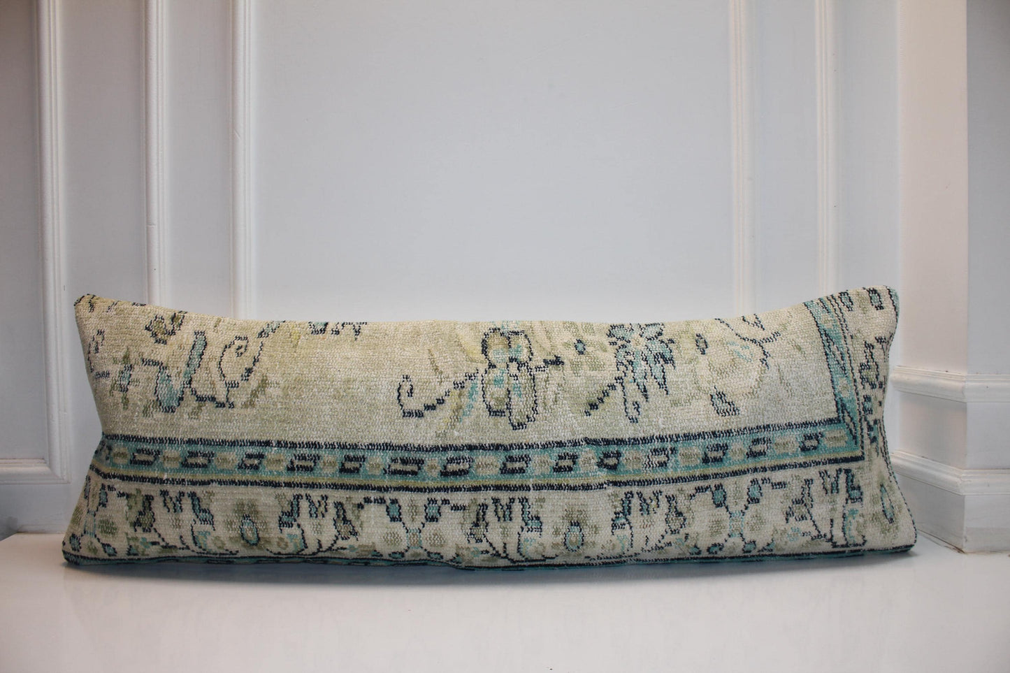 Vintage Turkish Kilim Bench Pillow Cover, Beige Turquoise Lumbar Cushion, 16x48 Anatolian Style