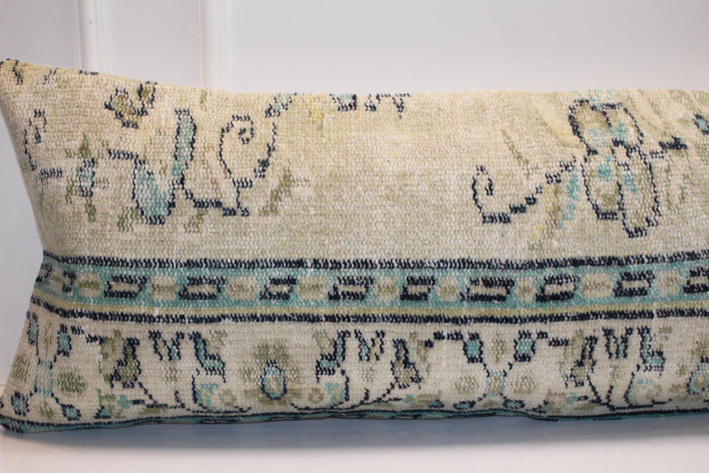 Vintage Turkish Kilim Bench Pillow Cover, Beige Turquoise Lumbar Cushion, 16x48 Anatolian Style