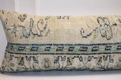 Vintage Turkish Kilim Bench Pillow Cover, Beige Turquoise Lumbar Cushion, 16x48 Anatolian Style