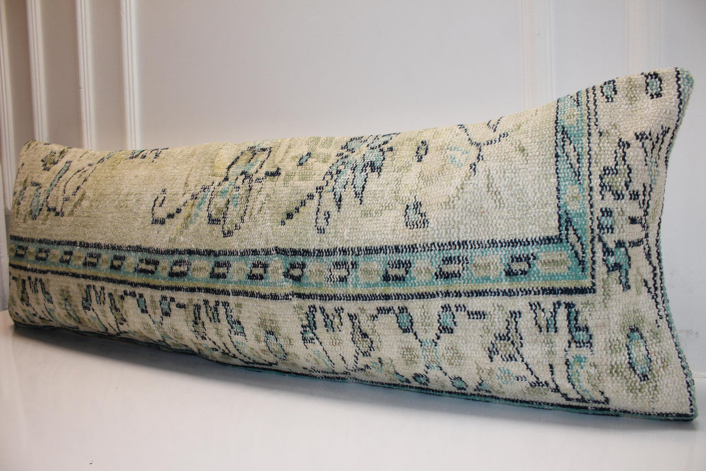 Vintage Turkish Kilim Bench Pillow Cover, Beige Turquoise Lumbar Cushion, 16x48 Anatolian Style