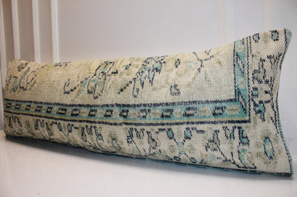 Vintage Turkish Kilim Bench Pillow Cover, Beige Turquoise Lumbar Cushion, 16x48 Anatolian Style
