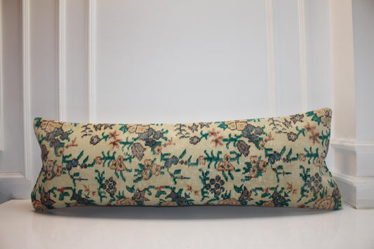 Vintage Turkish Kilim Lumbar Pillow Cover, Floral Bench Cushion, Boho Decor