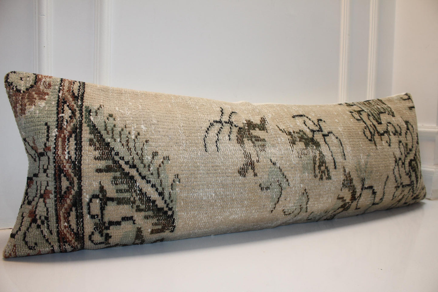 Vintage Turkish Kilim Lumbar Pillow, 16x48 Inch Bench Cushion, Boho Beige Anatolian Rug Pillow