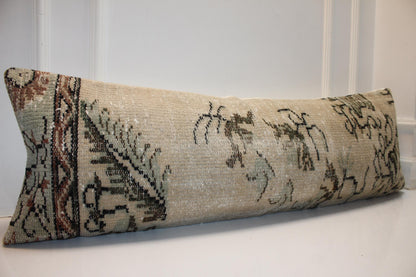 Vintage Turkish Kilim Lumbar Pillow, 16x48 Inch Bench Cushion, Boho Beige Anatolian Rug Pillow