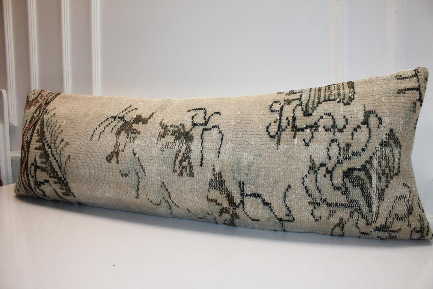 Vintage Turkish Kilim Lumbar Pillow, 16x48 Inch Bench Cushion, Boho Beige Anatolian Rug Pillow