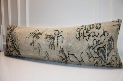 Vintage Turkish Kilim Lumbar Pillow, 16x48 Inch Bench Cushion, Boho Beige Anatolian Rug Pillow