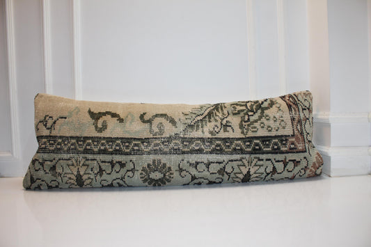 Vintage Turkish Kilim Lumbar Pillow Cover, 16x48 Inch Bench Cushion, Boho Anatolian Beige Olive