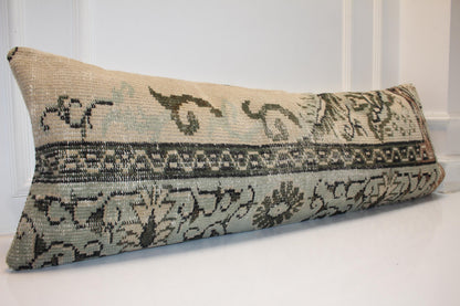 Vintage Turkish Kilim Lumbar Pillow Cover, 16x48 Inch Bench Cushion, Boho Anatolian Beige Olive