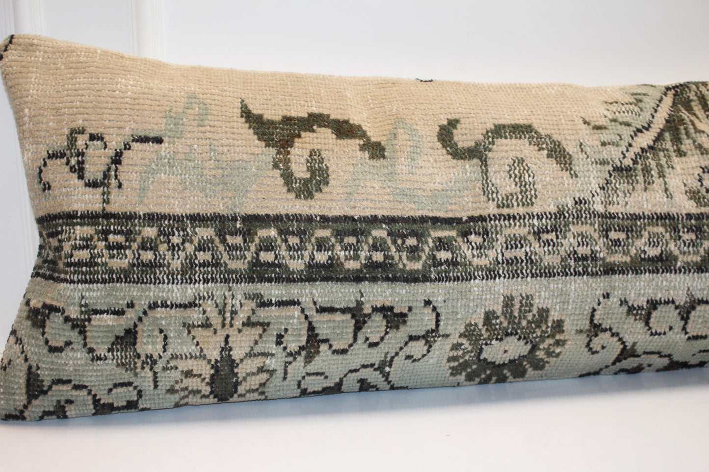 Vintage Turkish Kilim Lumbar Pillow Cover, 16x48 Inch Bench Cushion, Boho Anatolian Beige Olive