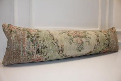 Vintage Turkish Kilim Bench Pillow Cover, Pastel Floral Lumbar Cushion (12x48 inches)
