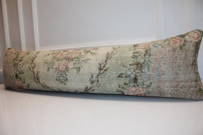Vintage Turkish Kilim Bench Pillow Cover, Pastel Floral Lumbar Cushion (12x48 inches)