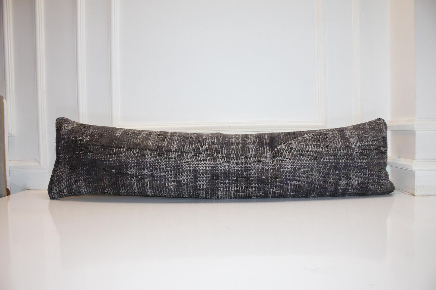 Charcoal Kilim Pillow Cover, Vintage Turkish Rug Lumbar Cushion (12x48 inches)