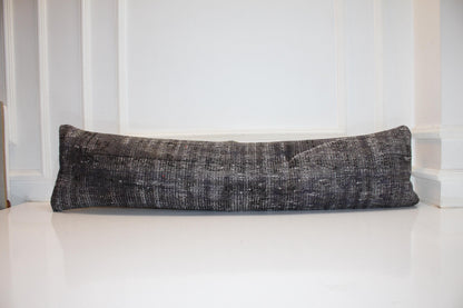 Charcoal Kilim Pillow Cover, Vintage Turkish Rug Lumbar Cushion (12x48 inches)
