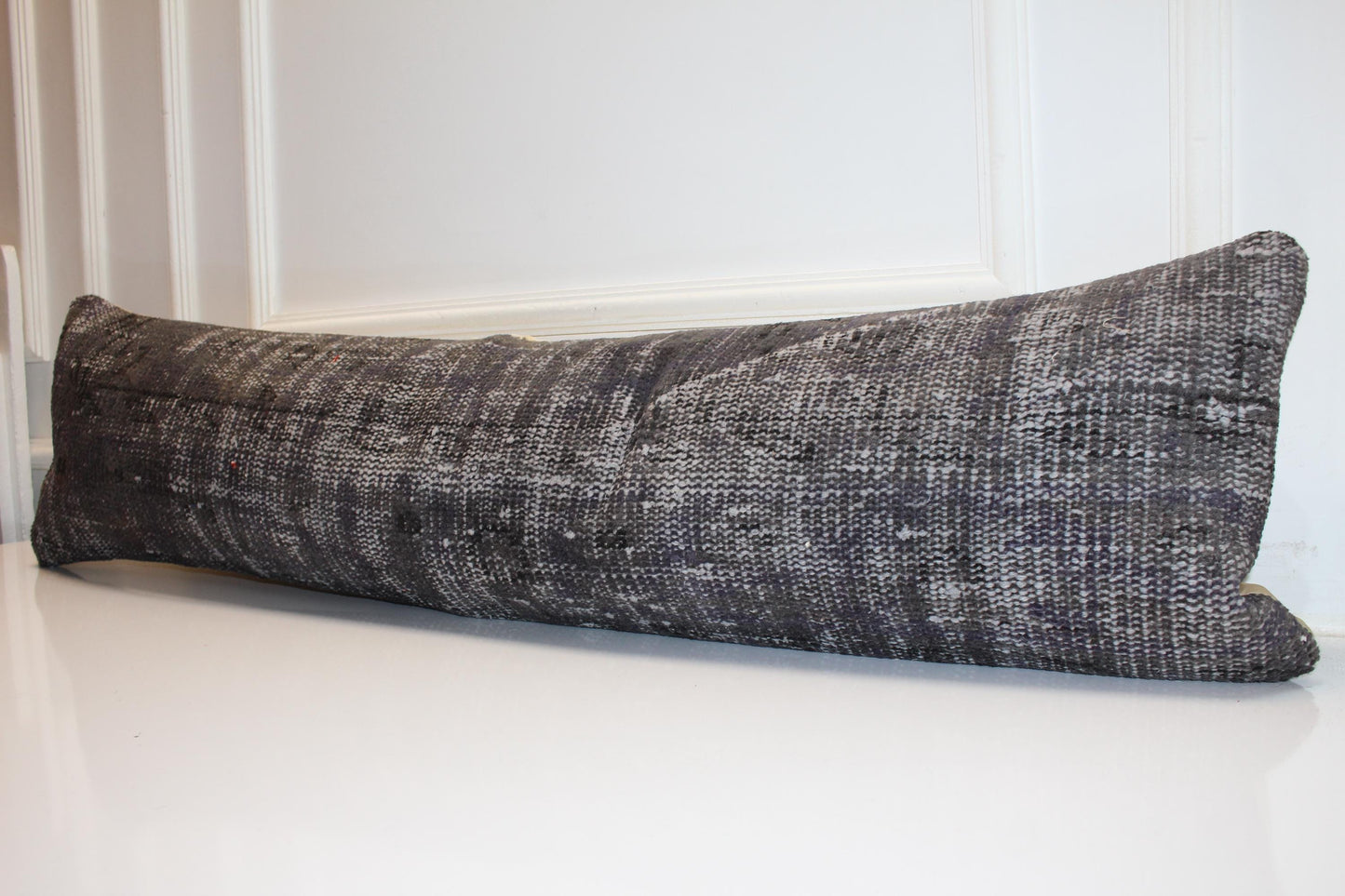 Charcoal Kilim Pillow Cover, Vintage Turkish Rug Lumbar Cushion (12x48 inches)
