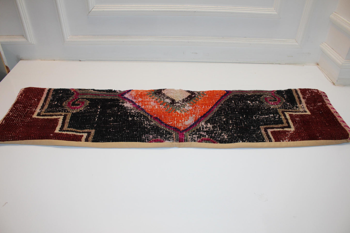 Bold Tribal Kilim Bench Pillow 12x48, Black Rust Vintage Rug Lumbar Cushion