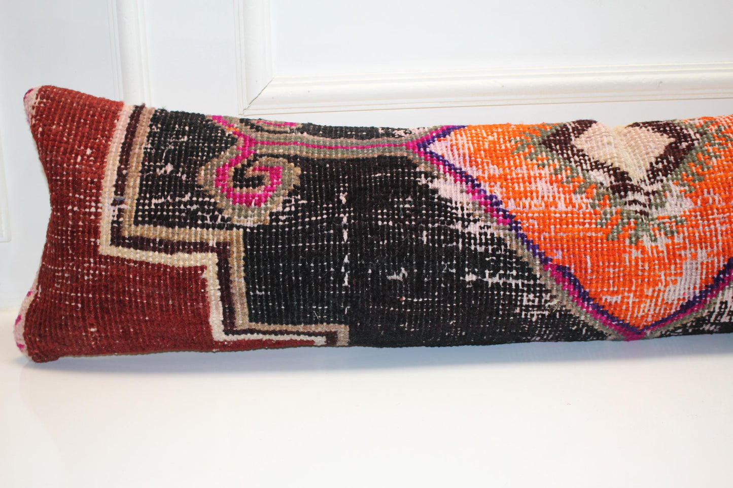 Bold Tribal Kilim Bench Pillow 12x48, Black Rust Vintage Rug Lumbar Cushion