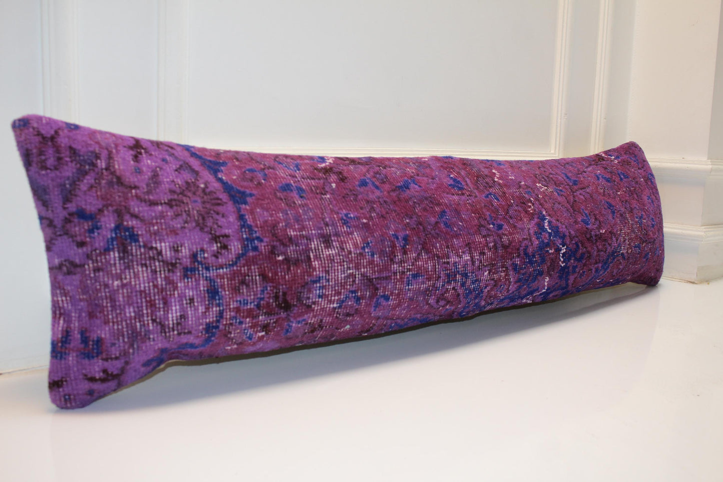 Magenta Vintage Rug Bench Pillow 12x48, Bohemian Floral Lumbar Cushion