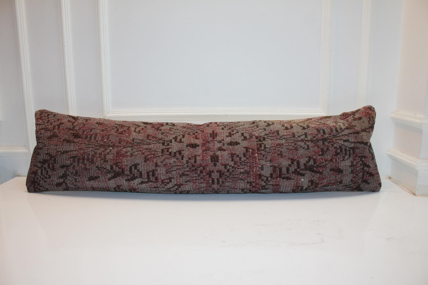 Muted Crimson Vintage Bench Pillow 12x48, Distressed Rug Lumbar Cushion