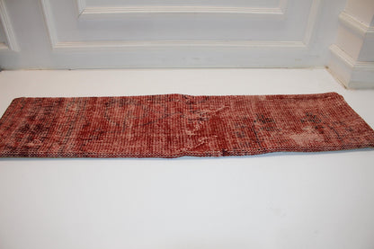 Vintage Turkish Kilim Bench Pillow, Red Overdyed Lumbar Cushion (12x48)