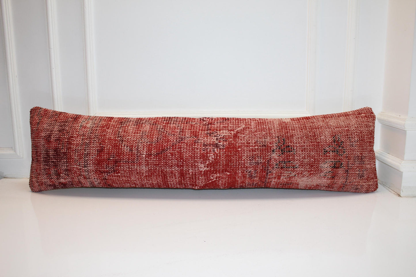 Vintage Turkish Kilim Bench Pillow, Red Overdyed Lumbar Cushion (12x48)