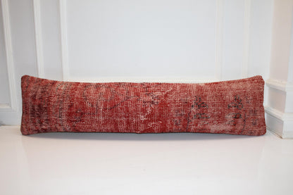 Vintage Turkish Kilim Bench Pillow, Red Overdyed Lumbar Cushion (12x48)