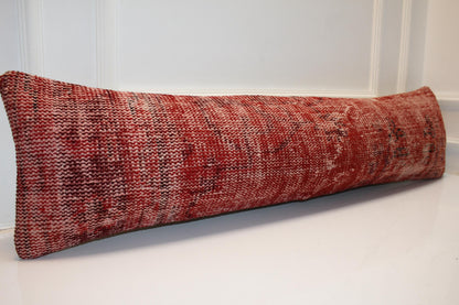 Vintage Turkish Kilim Bench Pillow, Red Overdyed Lumbar Cushion (12x48)