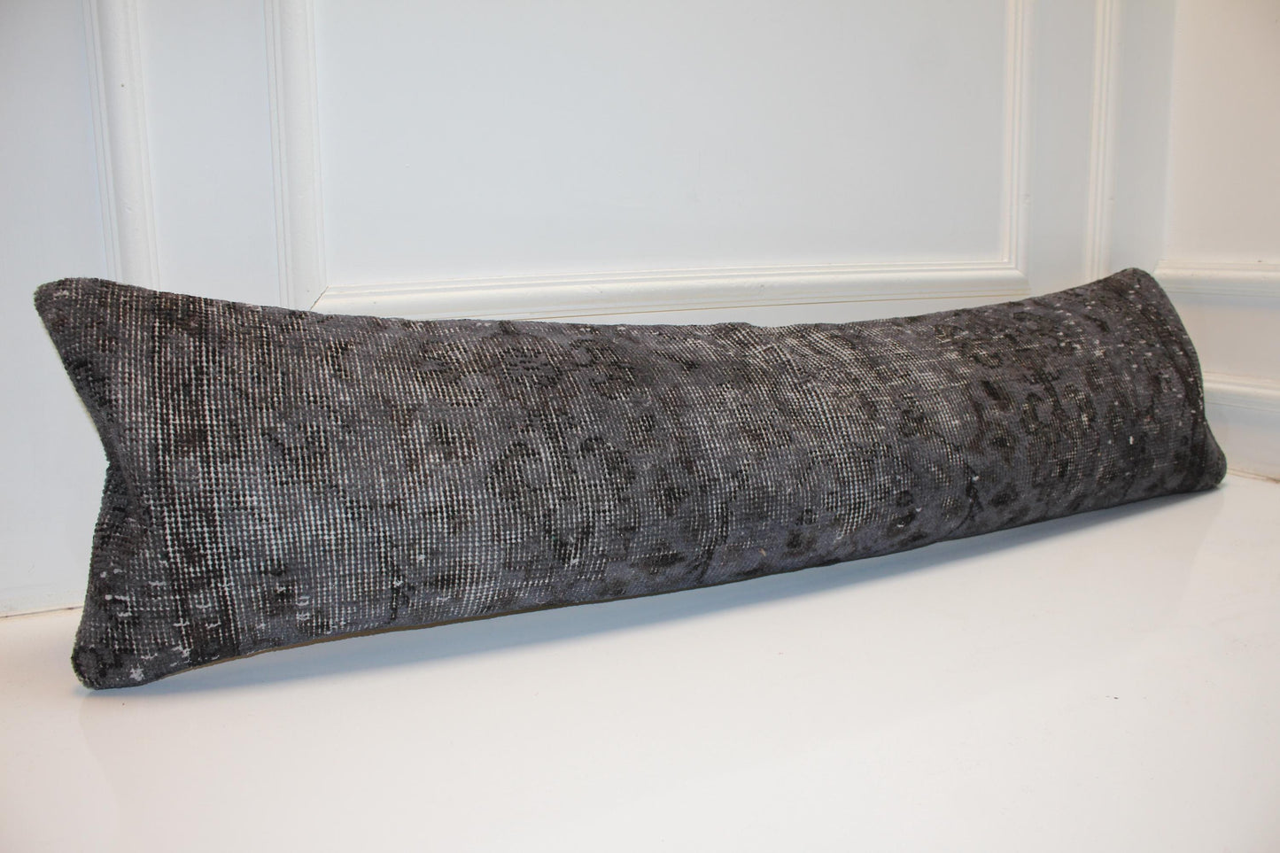 Charcoal Vintage Turkish Rug Bench Pillow 12x48, Dark Gray Kilim Lumbar Cushion