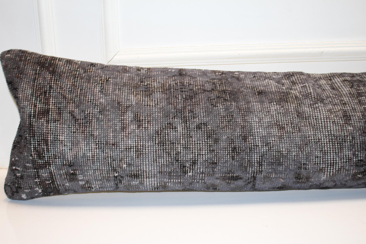Charcoal Vintage Turkish Rug Bench Pillow 12x48, Dark Gray Kilim Lumbar Cushion