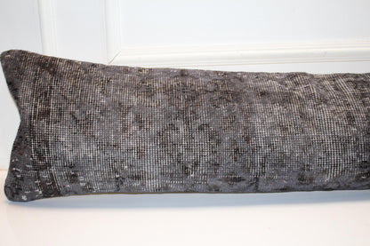 Charcoal Vintage Turkish Rug Bench Pillow 12x48, Dark Gray Kilim Lumbar Cushion
