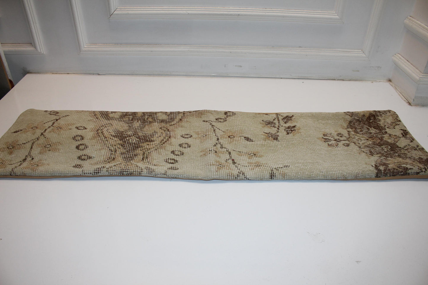 Vintage Turkish Kilim Lumbar Pillow, Ivory Cream Bench Cushion