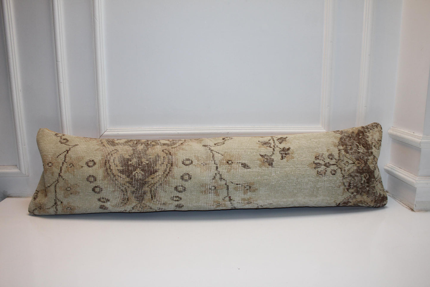 Vintage Turkish Kilim Lumbar Pillow, Ivory Cream Bench Cushion