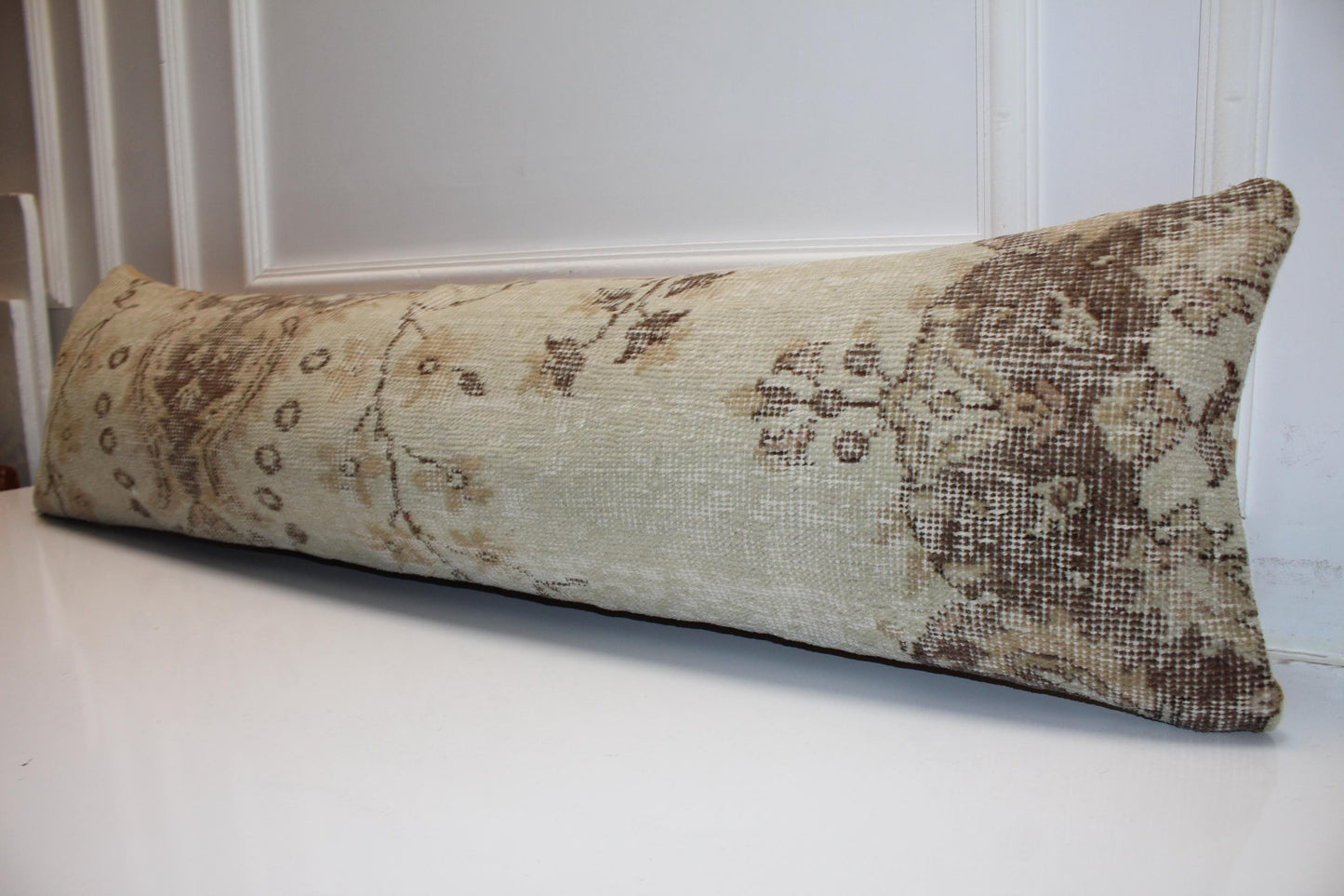 Vintage Turkish Kilim Lumbar Pillow, Ivory Cream Bench Cushion