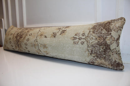Vintage Turkish Kilim Lumbar Pillow, Ivory Cream Bench Cushion