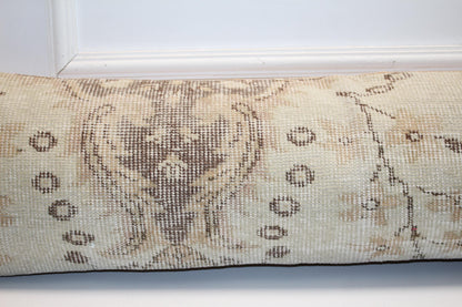 Vintage Turkish Kilim Lumbar Pillow, Ivory Cream Bench Cushion