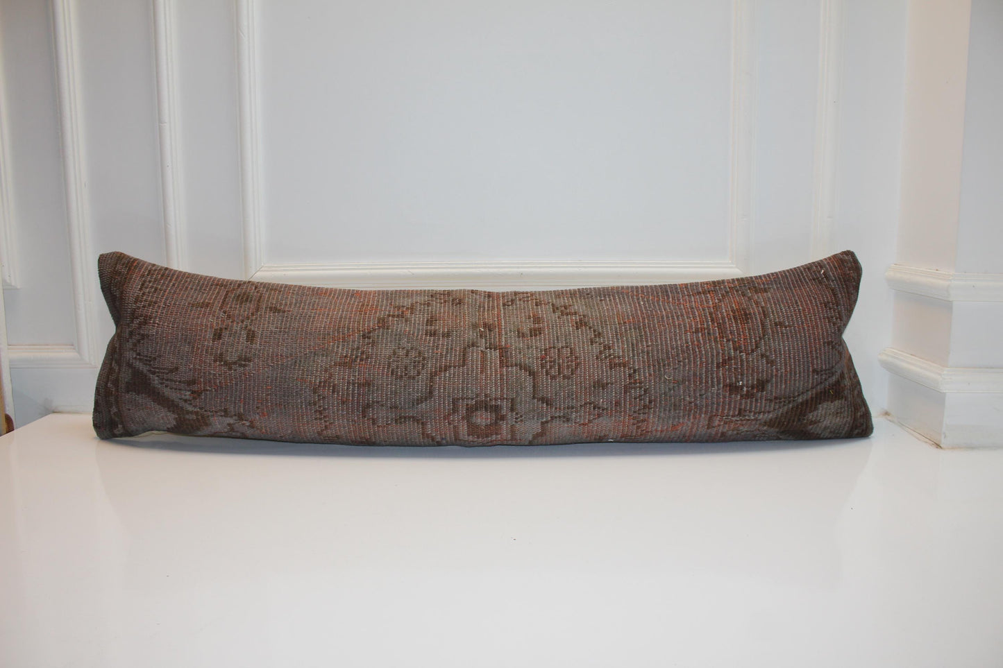 Rust Vintage Turkish Rug Bench Pillow 12x48, Earth Tone Kilim Lumbar Cushion