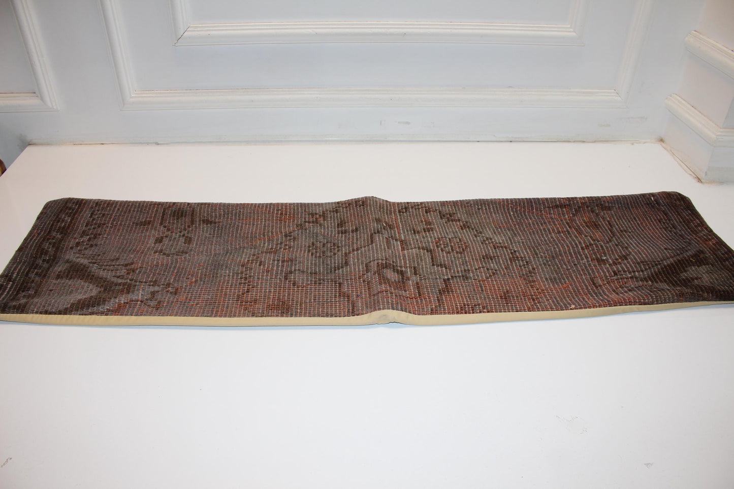 Rust Vintage Turkish Rug Bench Pillow 12x48, Earth Tone Kilim Lumbar Cushion