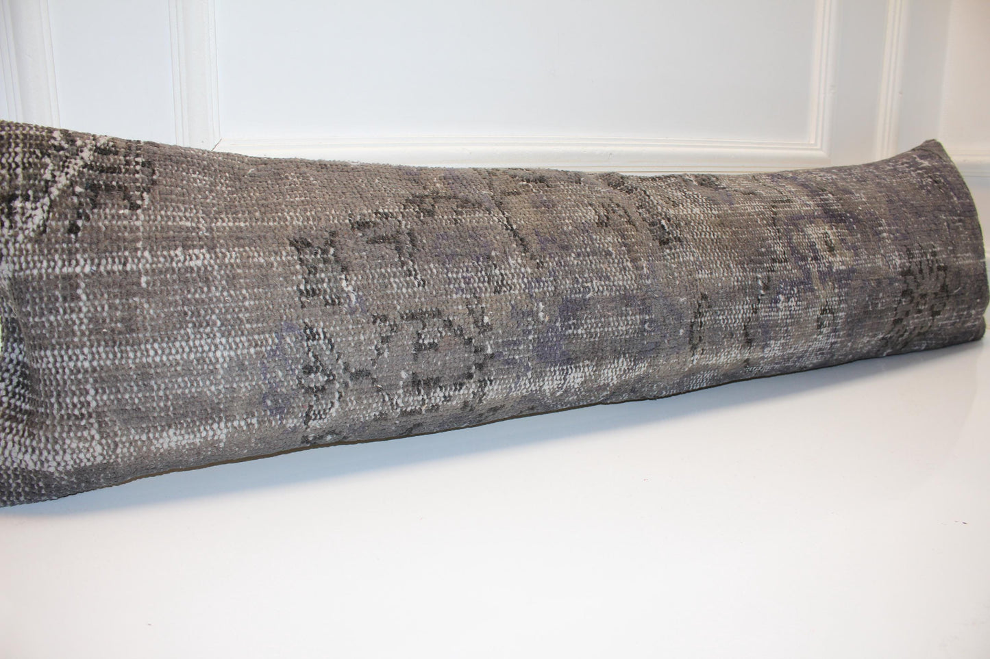 Antique Gray Turkish Rug Bench Pillow 12x48, Distressed Kilim Lumbar Cushion, Long Vintage Bench