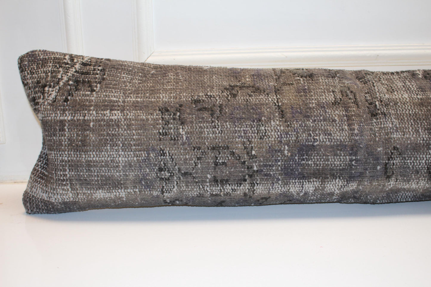 Antique Gray Turkish Rug Bench Pillow 12x48, Distressed Kilim Lumbar Cushion, Long Vintage Bench
