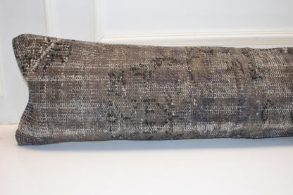 Antique Gray Turkish Rug Bench Pillow 12x48, Distressed Kilim Lumbar Cushion, Long Vintage Bench