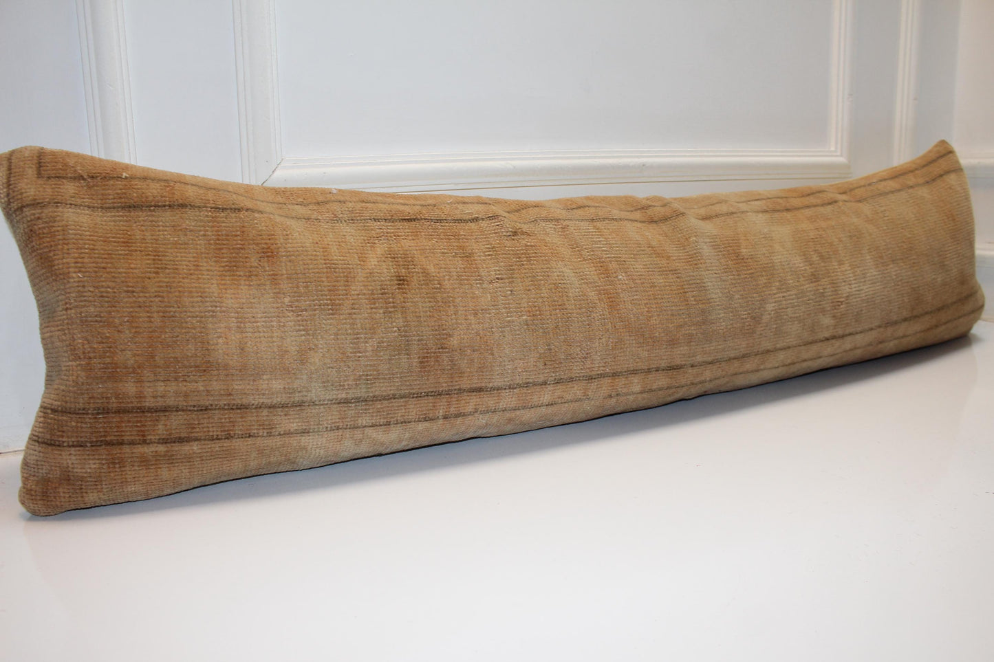 Camel Vintage Turkish Rug Bench Pillow 12x48, Warm Tan Kilim Lumbar Cushion
