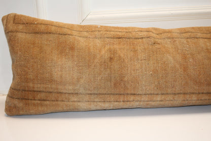 Camel Vintage Turkish Rug Bench Pillow 12x48, Warm Tan Kilim Lumbar Cushion