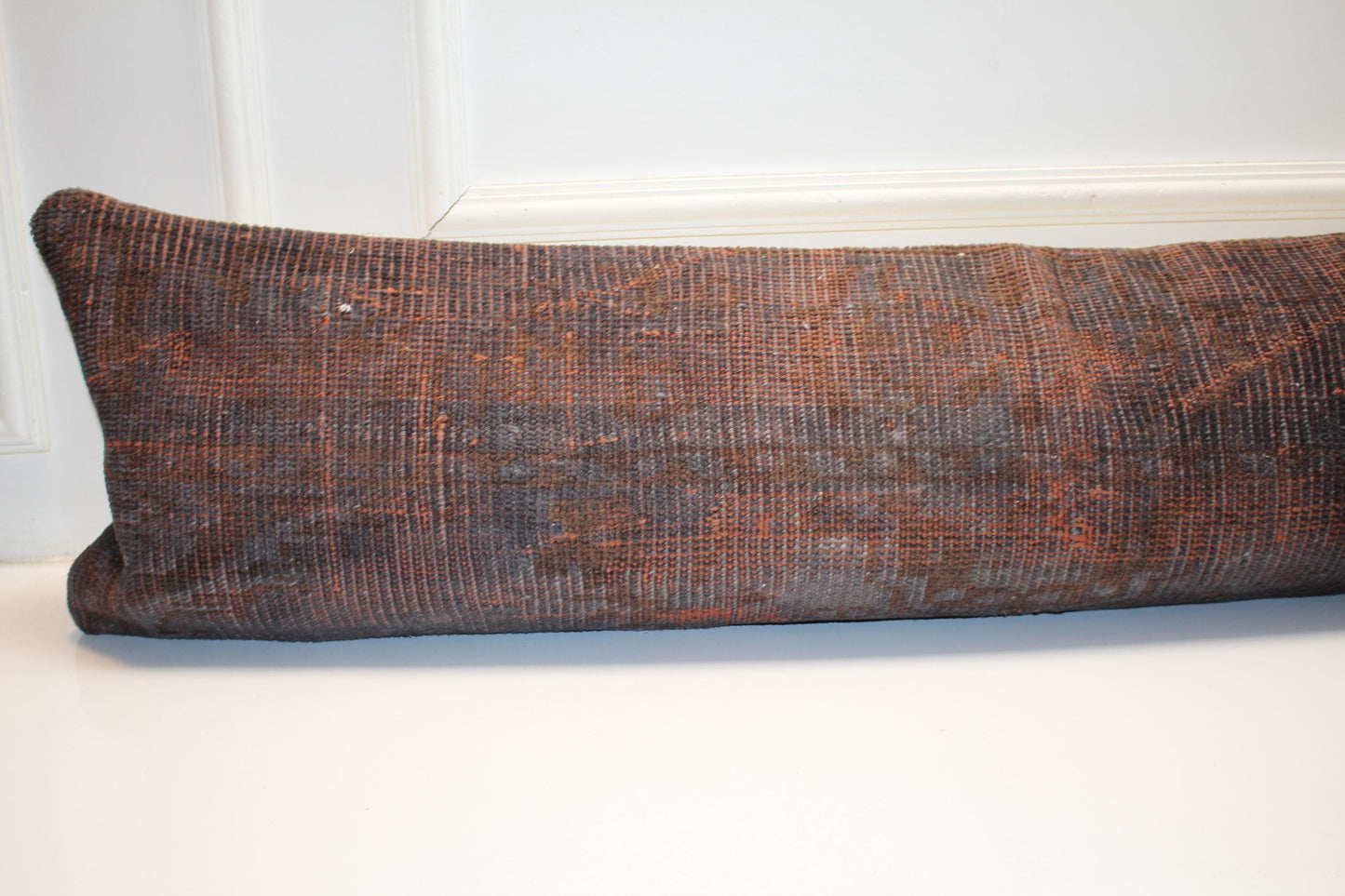 Burnt Orange Vintage Turkish Rug Bench Pillow 12x48, Dark Rust Kilim Lumbar Cushion