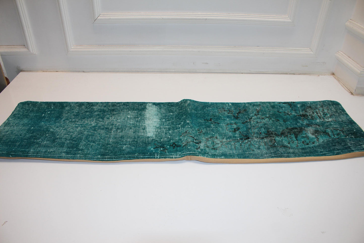 Emerald Vintage Turkish Rug Bench Pillow 12x48, Deep Teal Kilim Lumbar Cushion