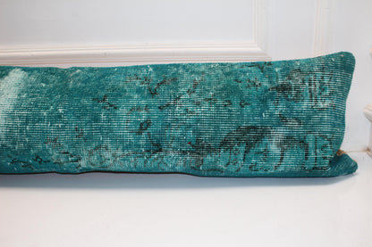 Emerald Vintage Turkish Rug Bench Pillow 12x48, Deep Teal Kilim Lumbar Cushion