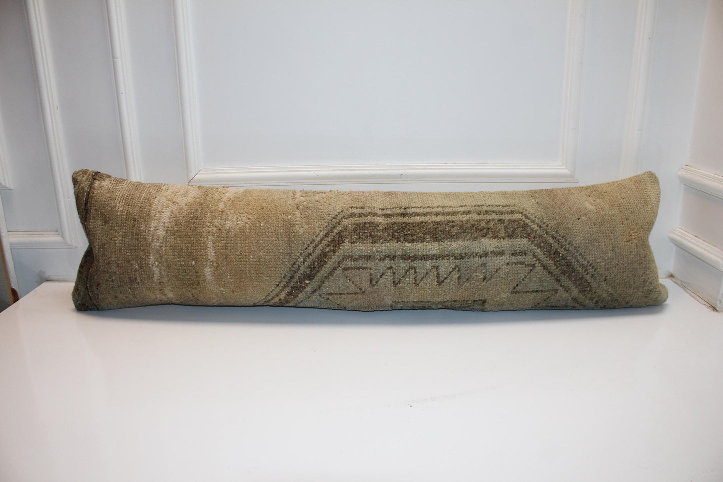 Neutral Vintage Turkish Rug Bench Pillow 12x48, Beige Kilim Lumbar Cushion